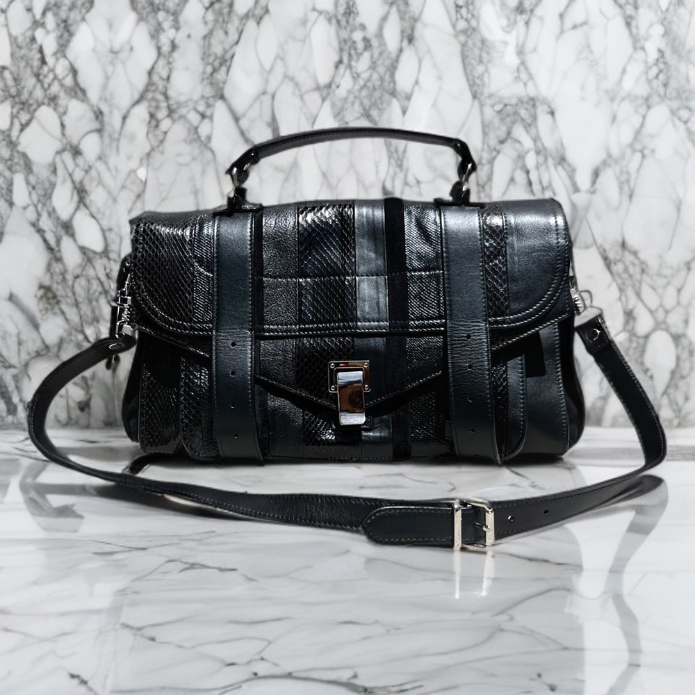 PROENZA SCHOULER Lambskin Lizard Snakeskin Suede PS1 Exotic Stripe Satchel Black